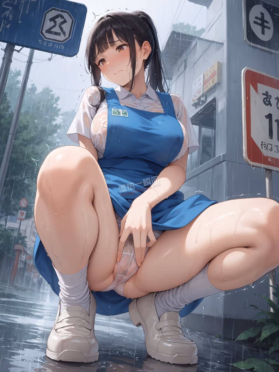 雨中湿漉漉的女中学生尿急。