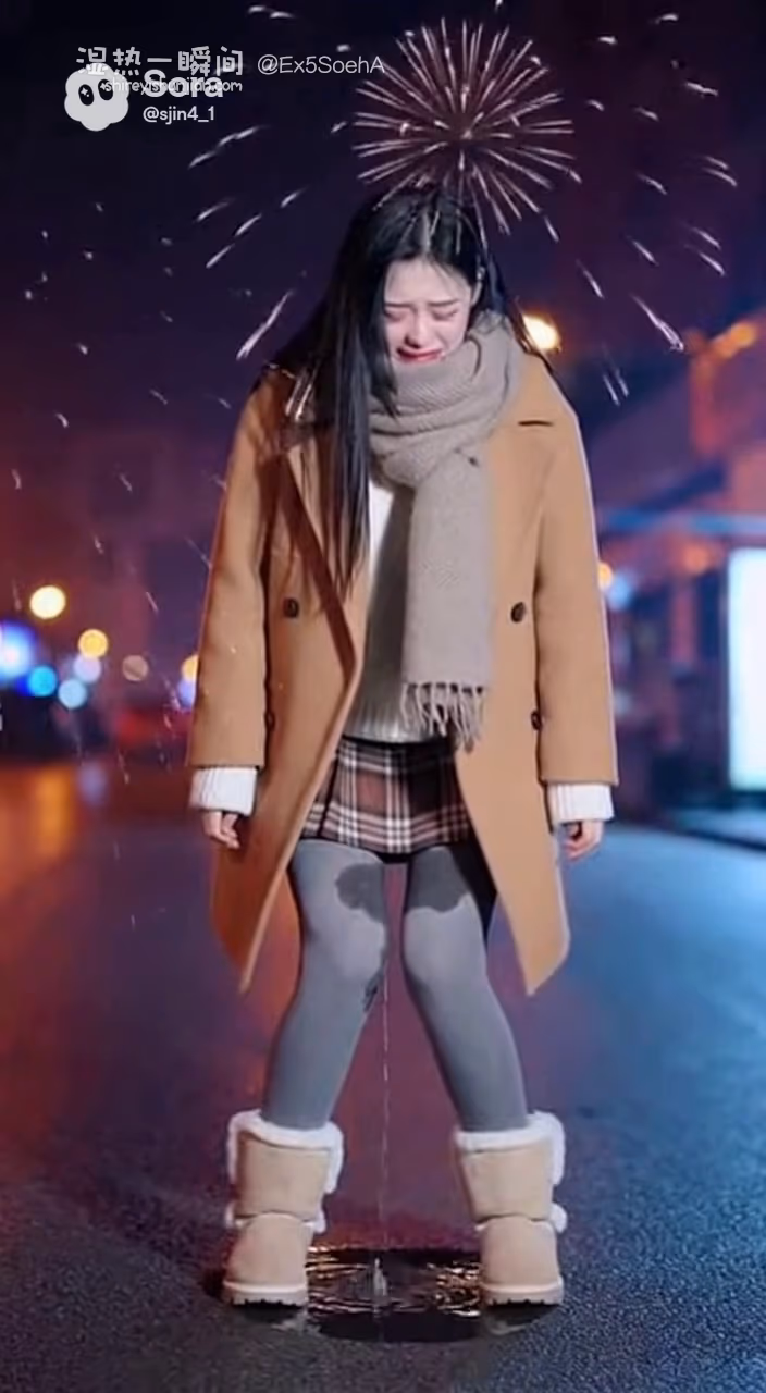 新年快乐！女生在城市无人街道失禁尿裤子 [Sora] 3视频+截图