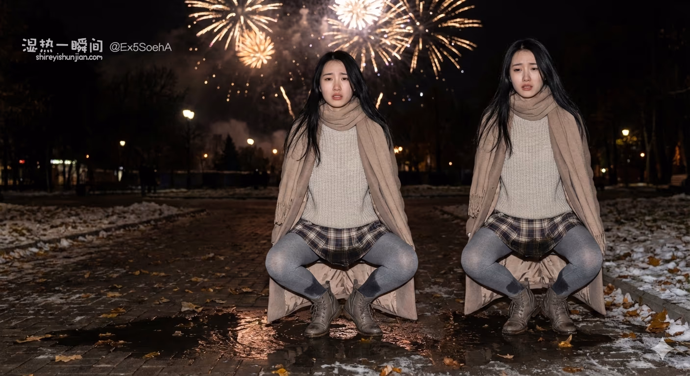 新年快乐！女生在雪地里新年烟花下失禁尿裙子 第2弹 [Gemini][Nano Banana Pro] 2图